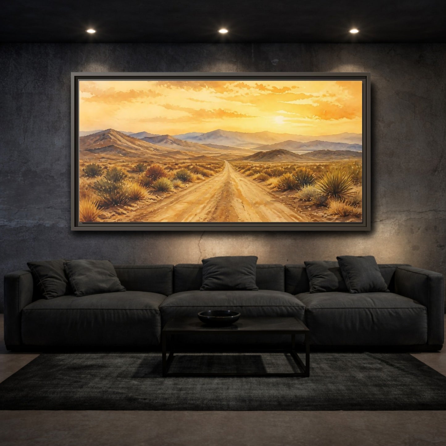 Mockup 3. Sunset Desert Road shown as framed canvas print