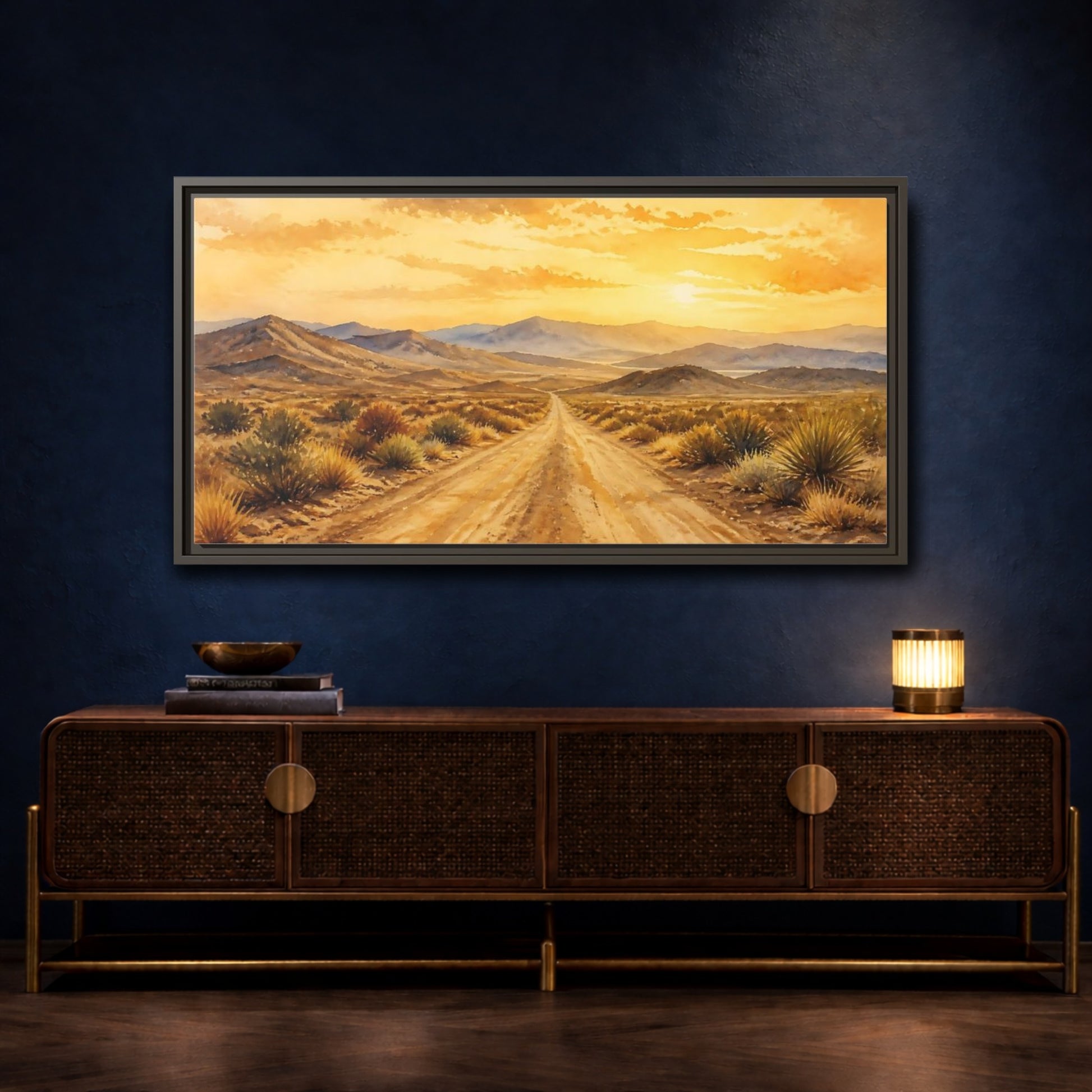 Mockup 4. Sunset Desert Road shown as framed canvas print