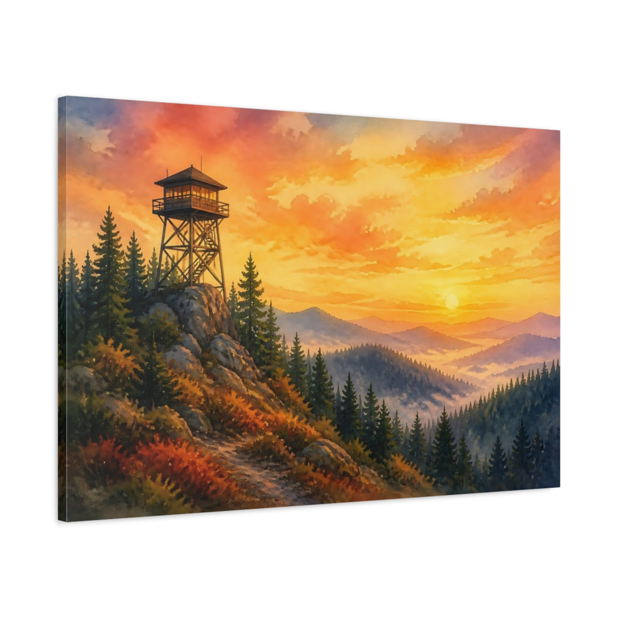 Main Mockup. Sunset Fire Lookout shown as canvas print