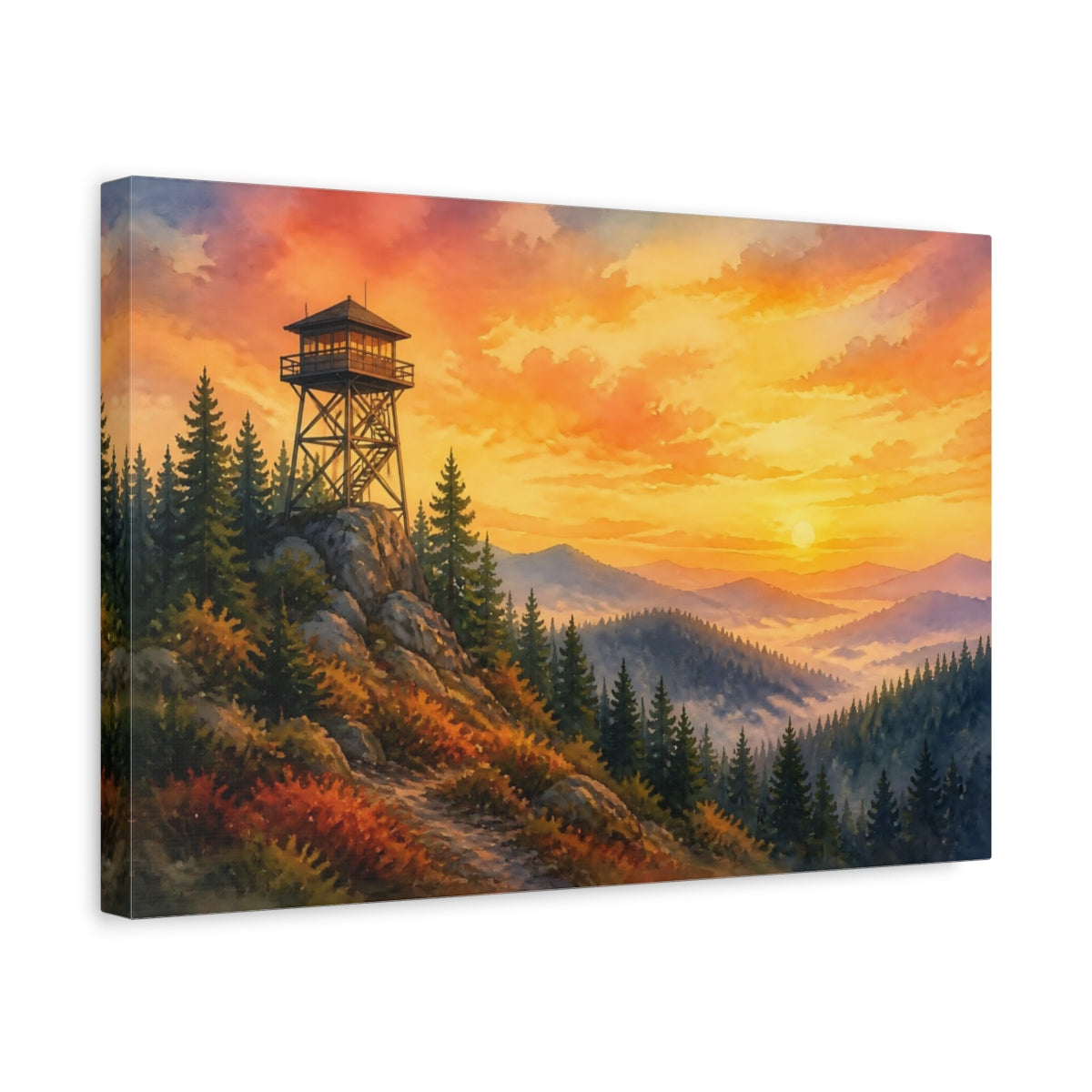 Side Mockup 4. Sunset Fire Lookout shown as canvas print