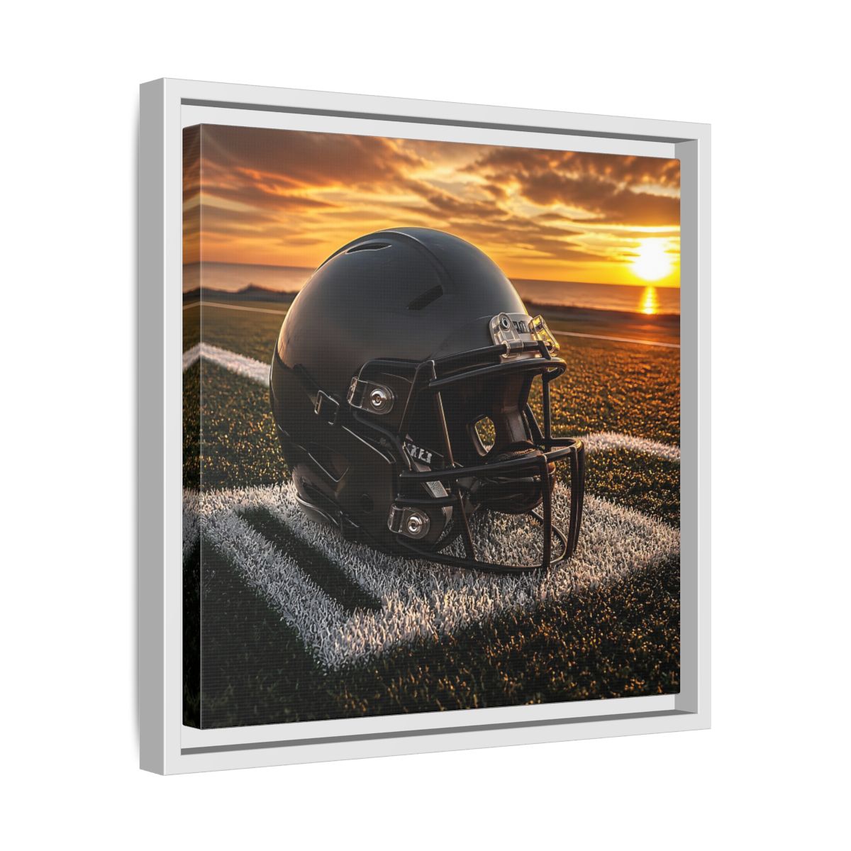 Side Mockup 28. Sunset Football Helmet shown as framed canvas print
