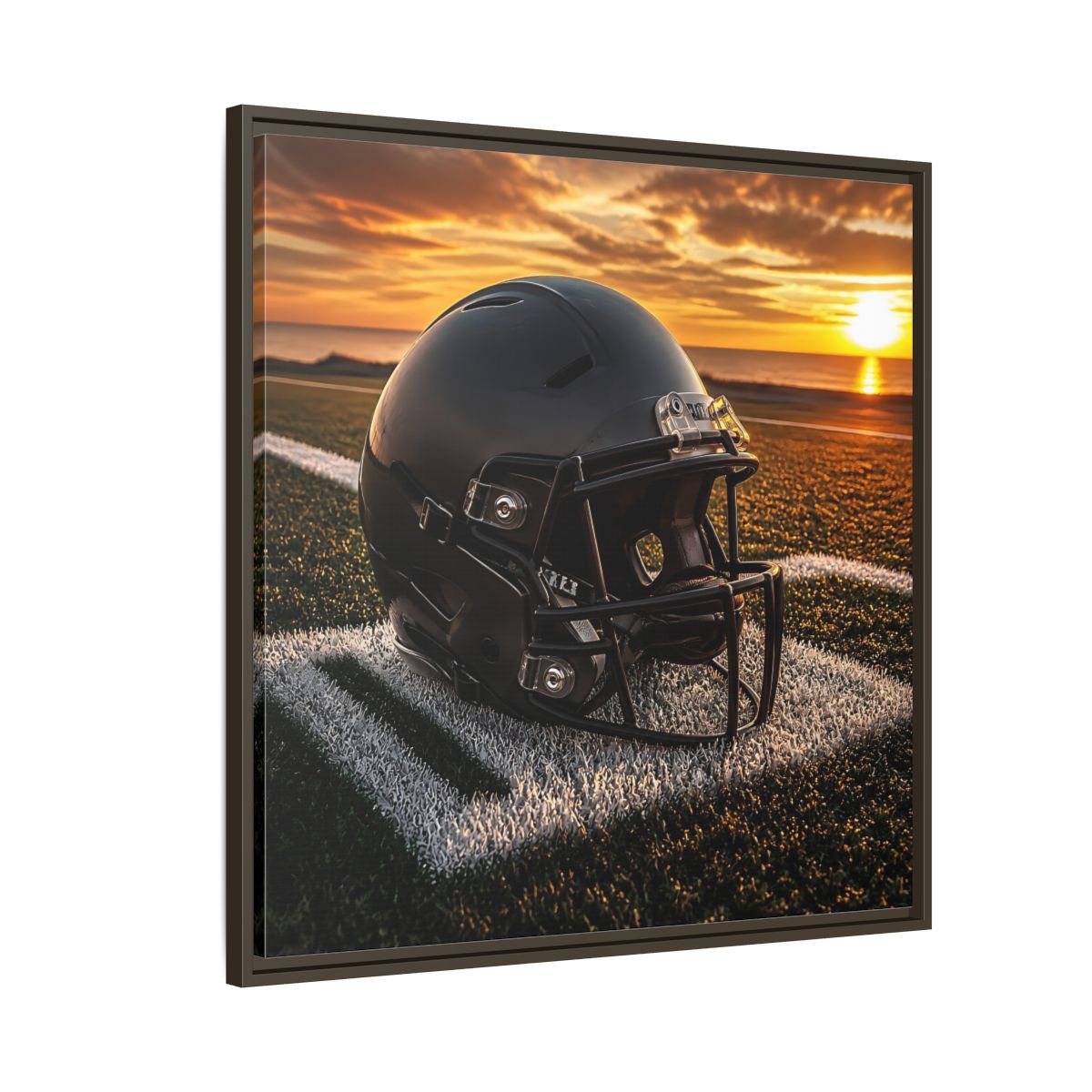 Side Mockup 8. Sunset Football Helmet shown as framed canvas print