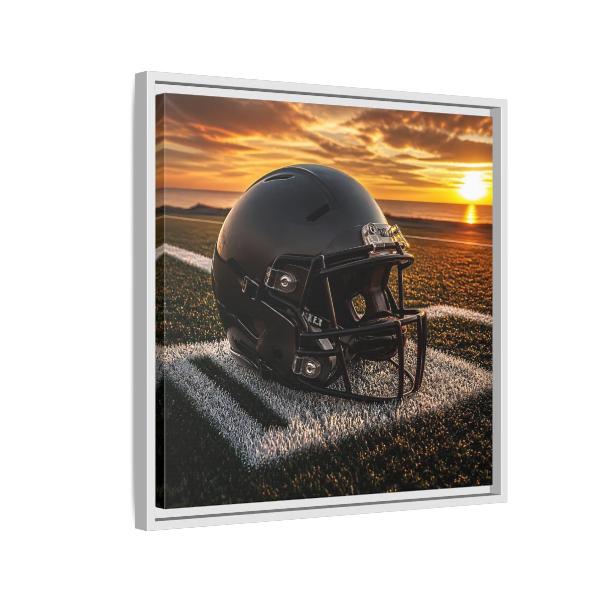 Side Mockup 10. Sunset Football Helmet shown as framed canvas print