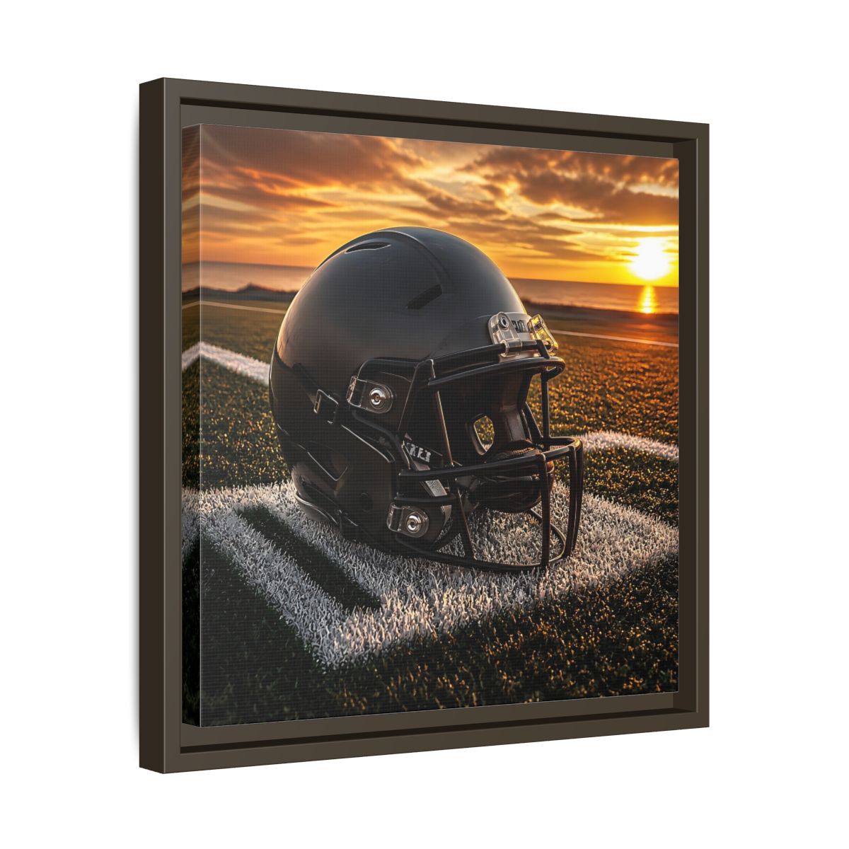 Side Mockup 29. Sunset Football Helmet shown as framed canvas print