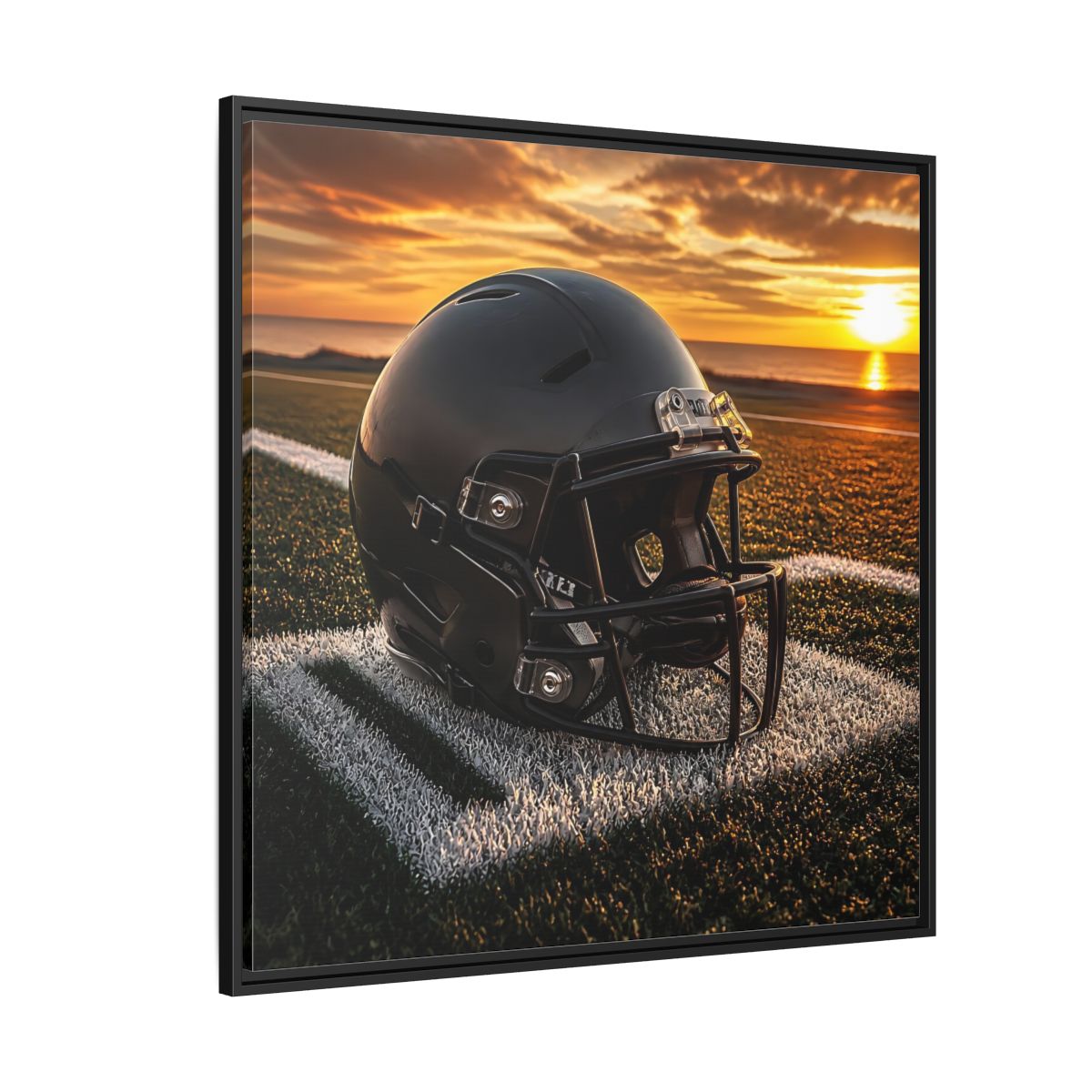 Side Mockup 6. Sunset Football Helmet shown as framed canvas print