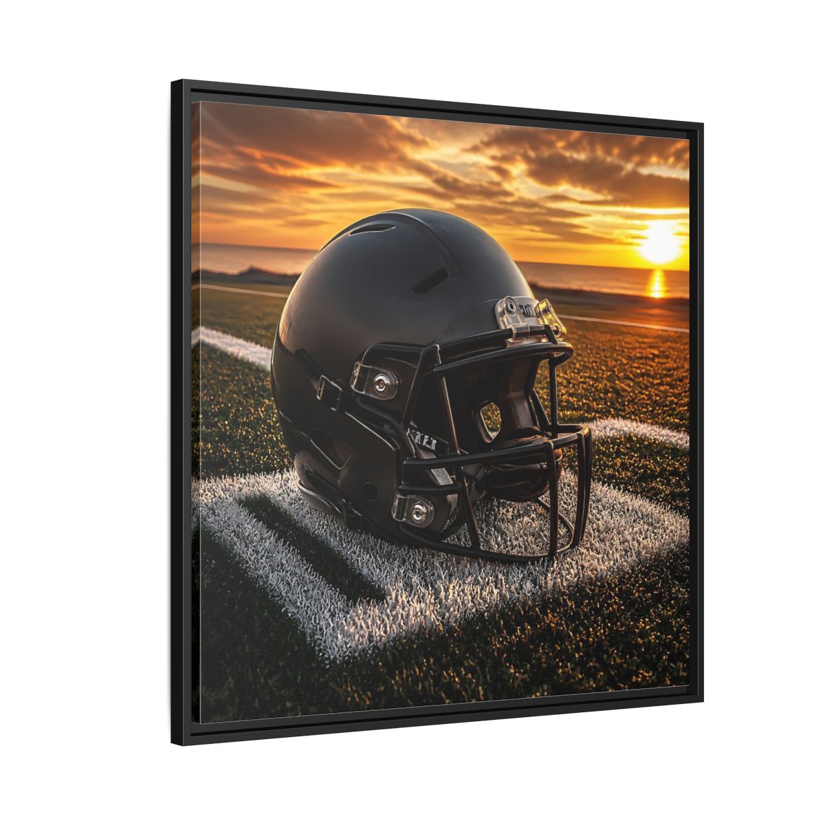 Side Mockup 9. Sunset Football Helmet shown as framed canvas print