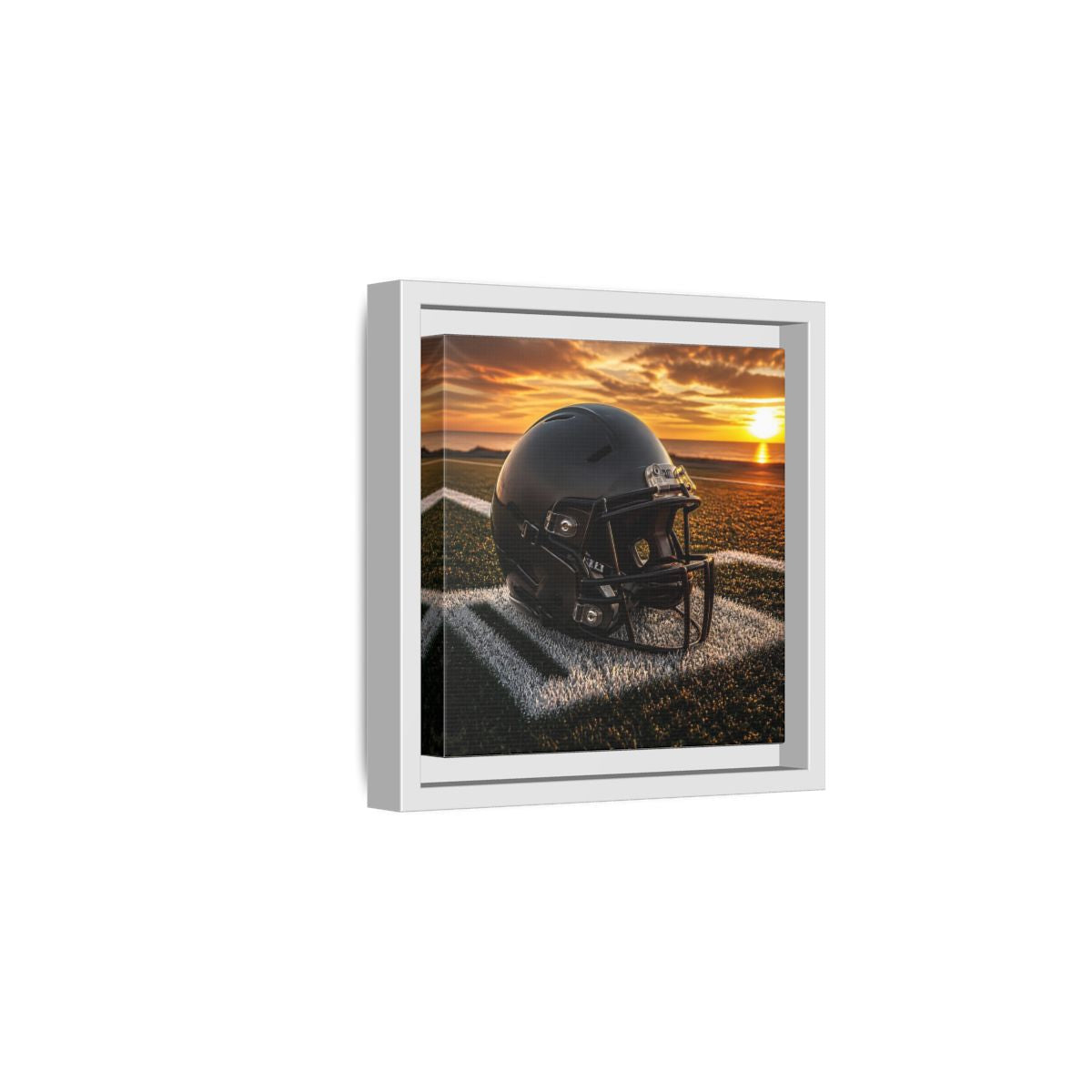 Side Mockup 1. Sunset Football Helmet shown as framed canvas print