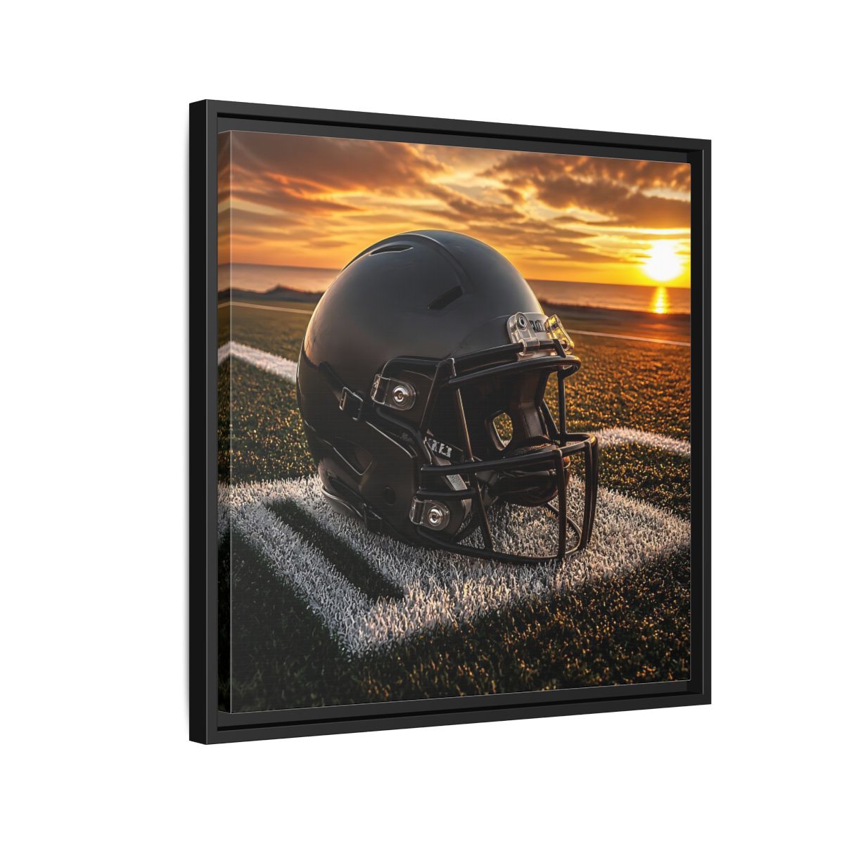Side Mockup 12. Sunset Football Helmet shown as framed canvas print