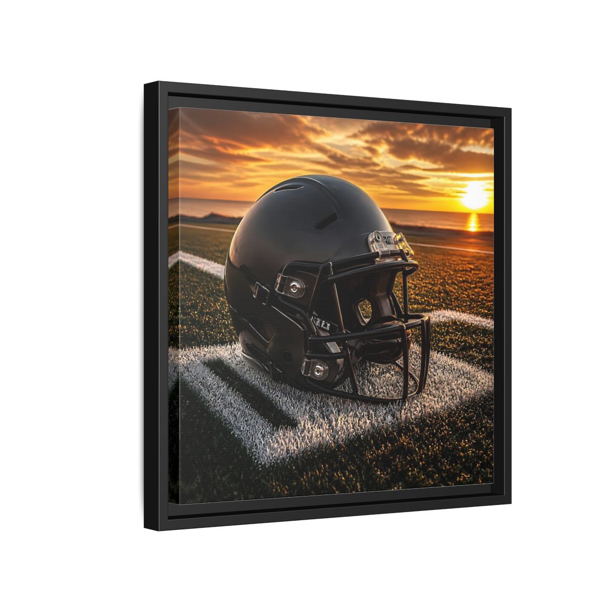 Side Mockup 15. Sunset Football Helmet shown as framed canvas print