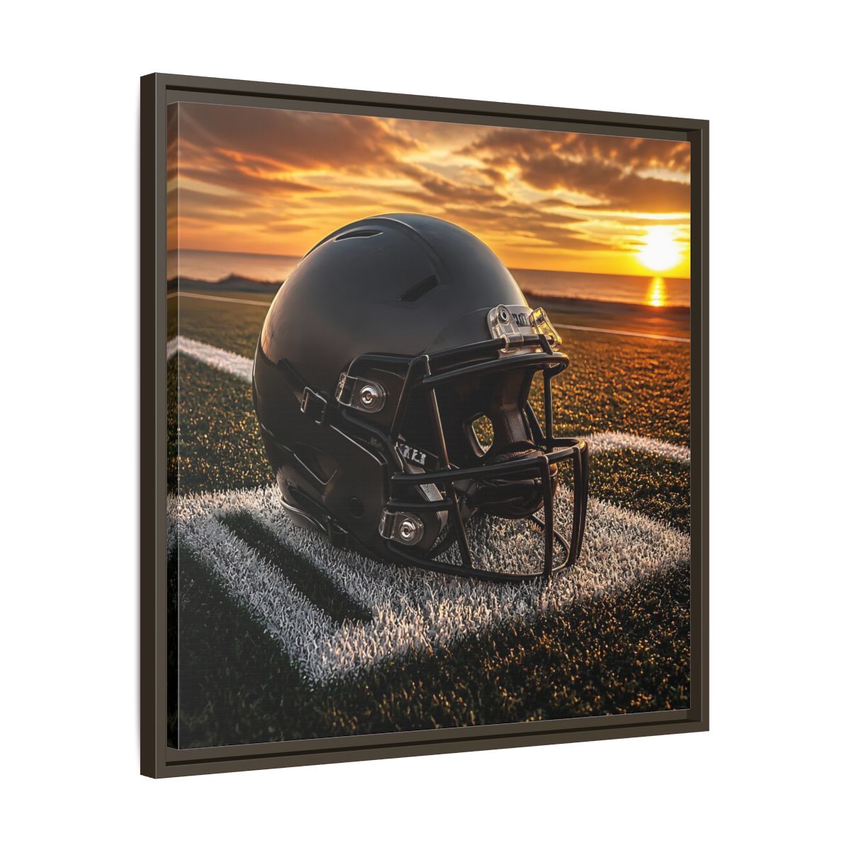 Side Mockup 27. Sunset Football Helmet shown as framed canvas print