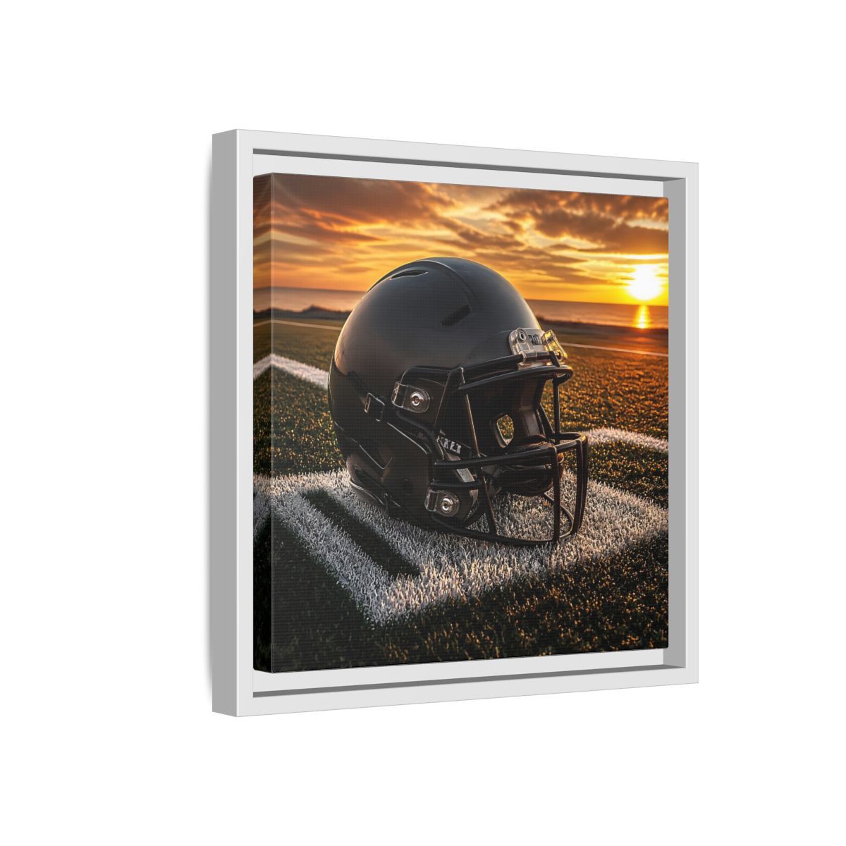 Side Mockup 16. Sunset Football Helmet shown as framed canvas print