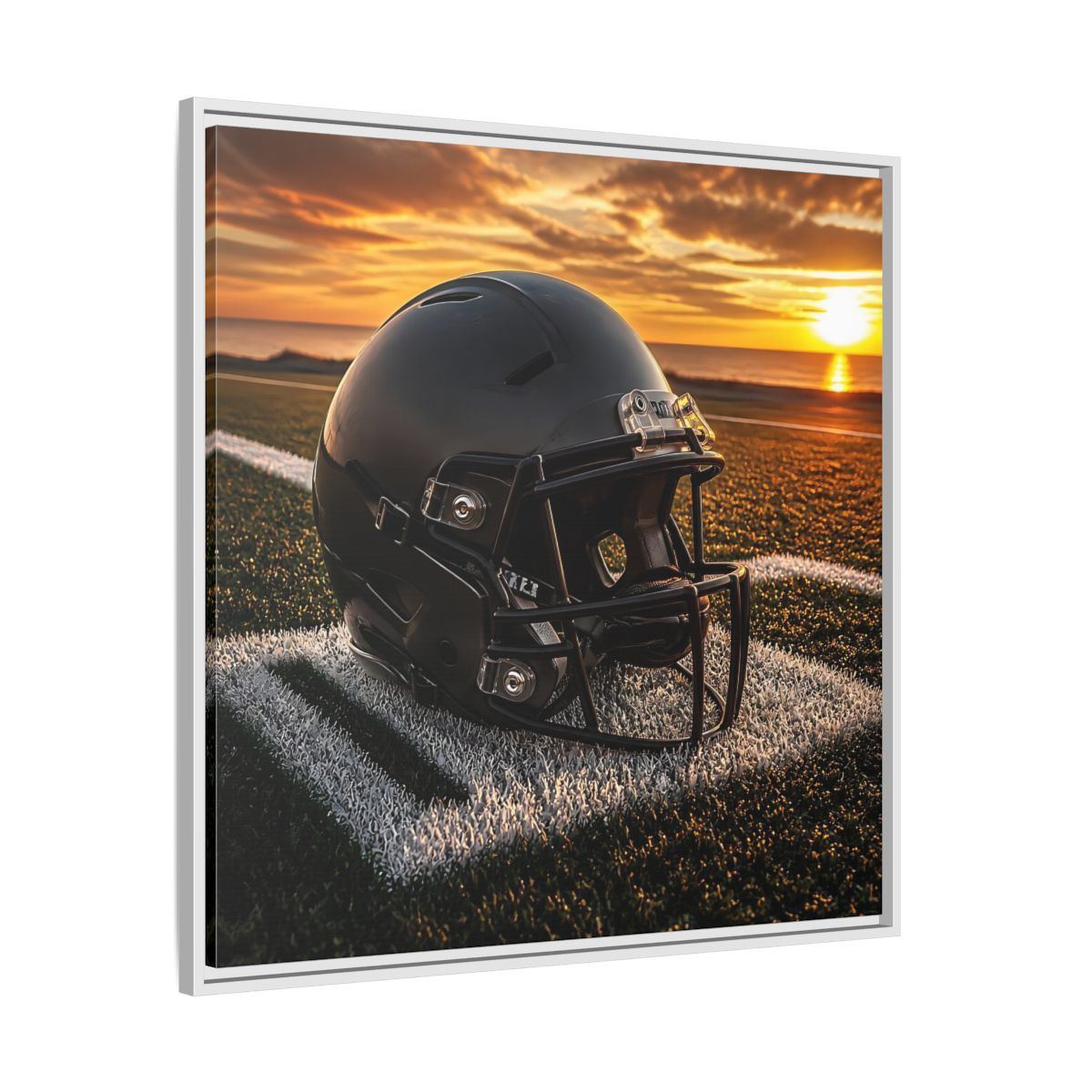 Side Mockup 25. Sunset Football Helmet shown as framed canvas print