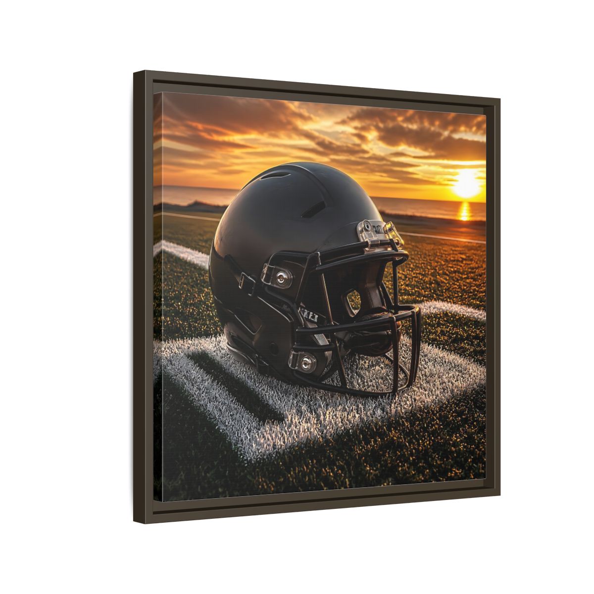 Side Mockup 11. Sunset Football Helmet shown as framed canvas print