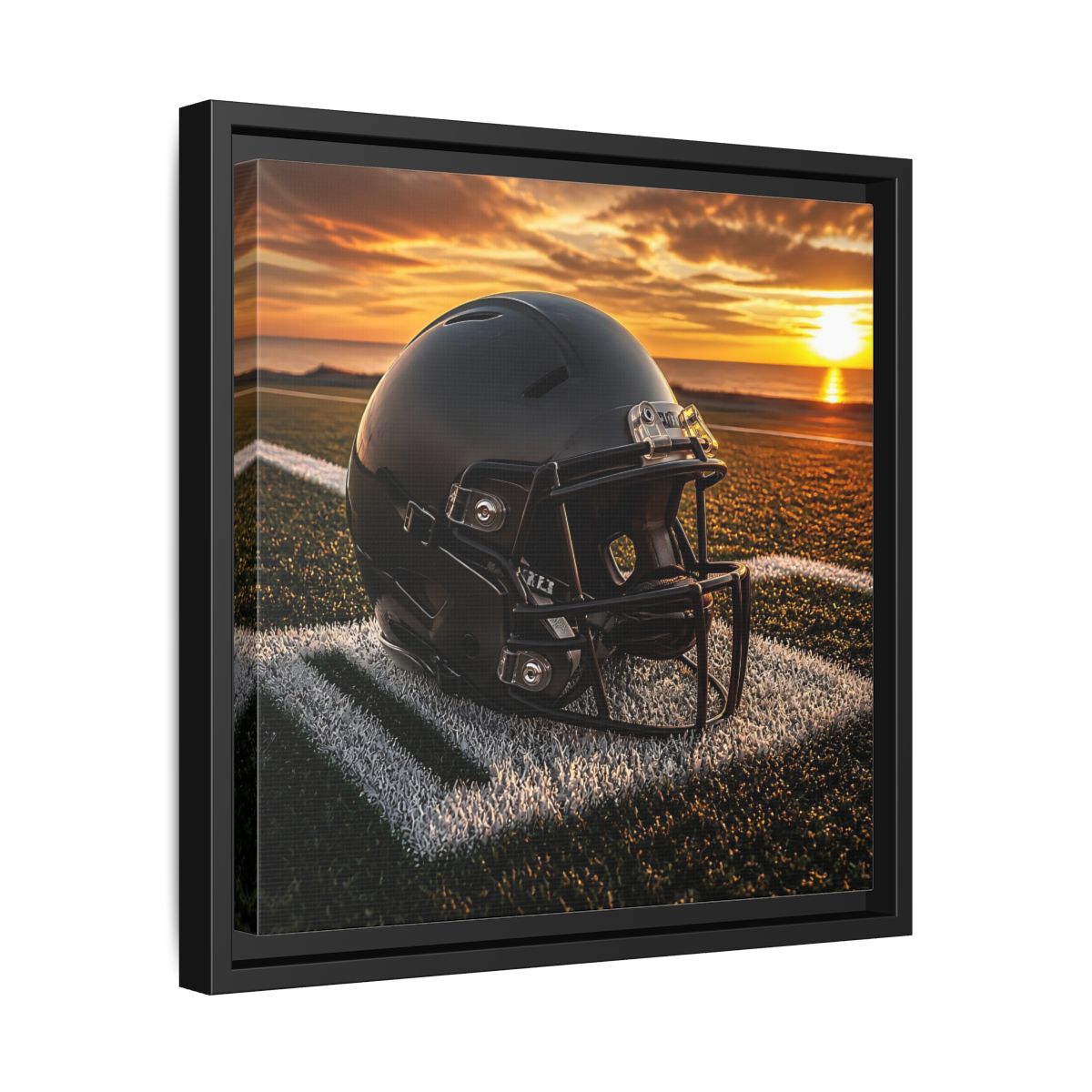 Side Mockup 32. Sunset Football Helmet shown as framed canvas print
