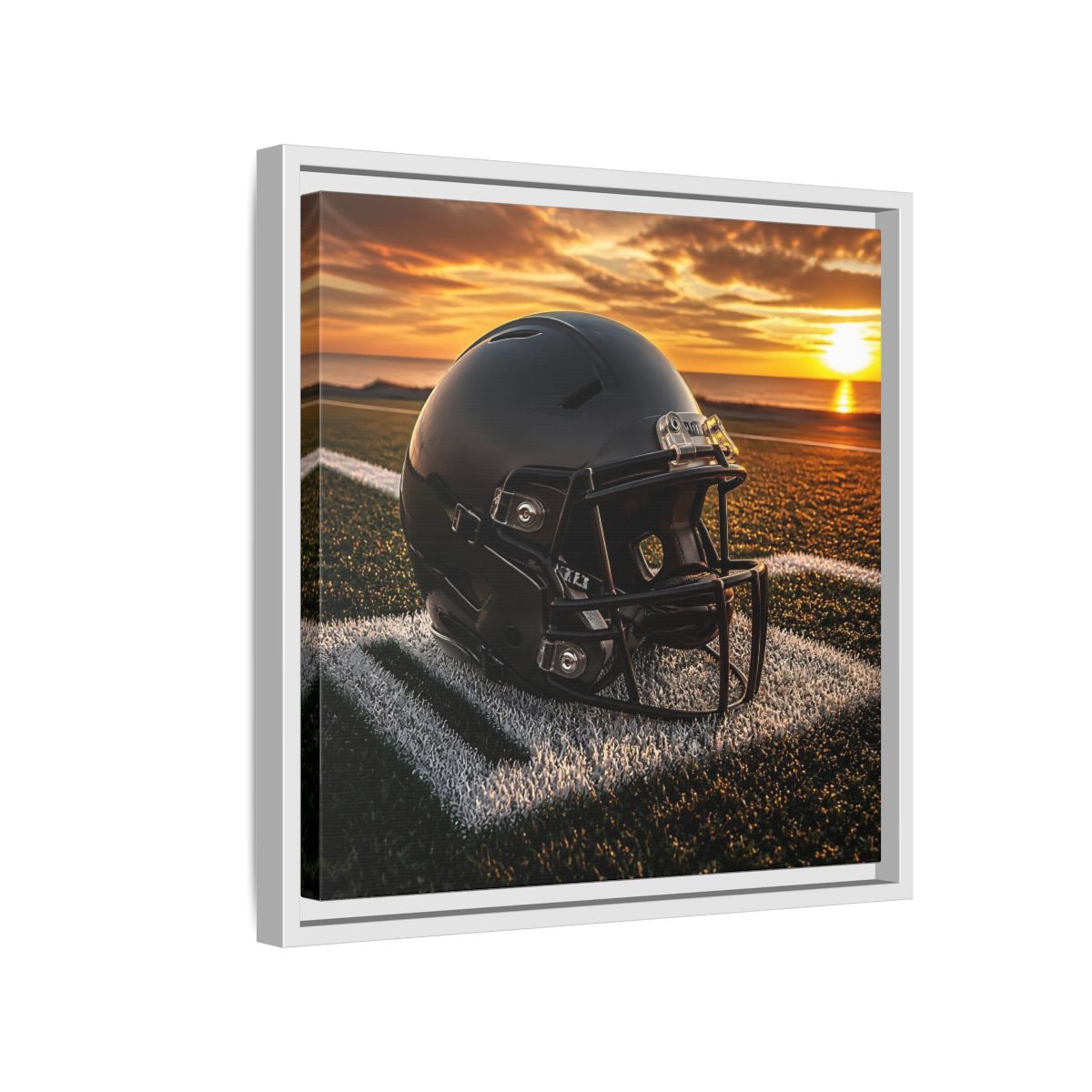 Side Mockup 13. Sunset Football Helmet shown as framed canvas print