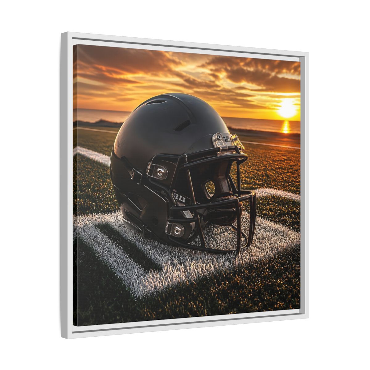 Side Mockup 26. Sunset Football Helmet shown as framed canvas print