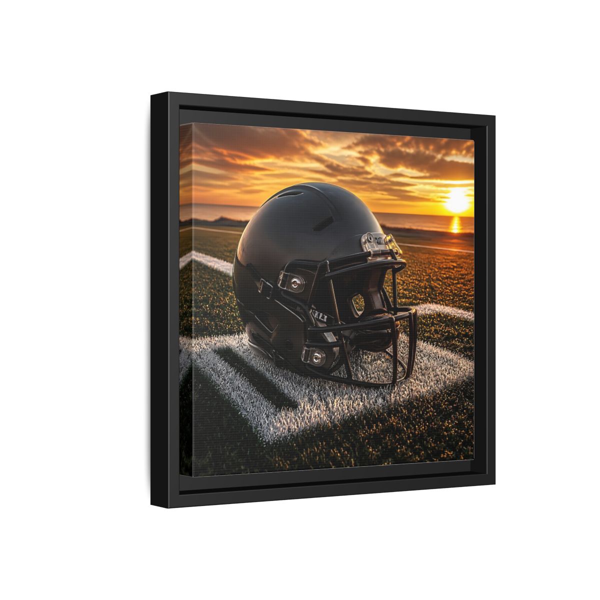 Side Mockup 18. Sunset Football Helmet shown as framed canvas print