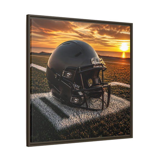 Main Mockup. Sunset Football Helmet shown as framed canvas print