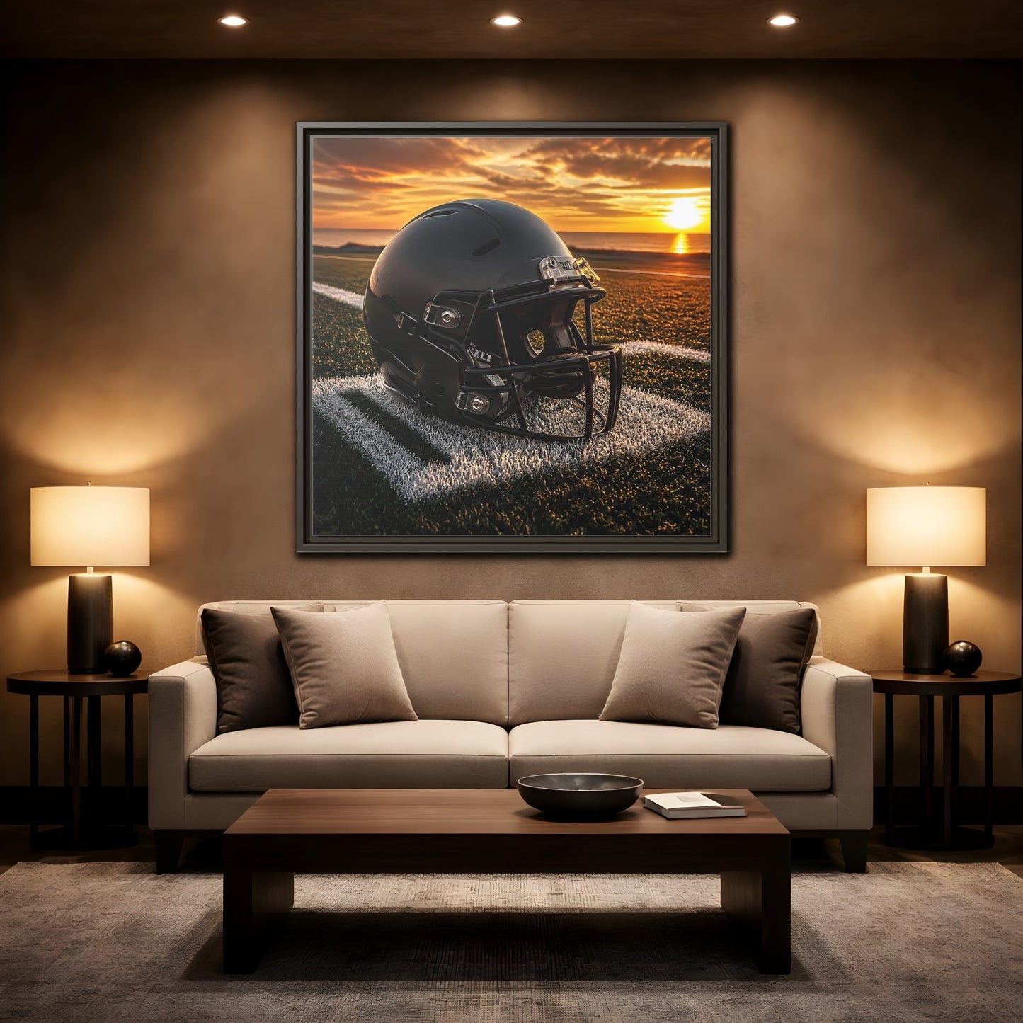 Mockup 2. Sunset Football Helmet shown as framed canvas print