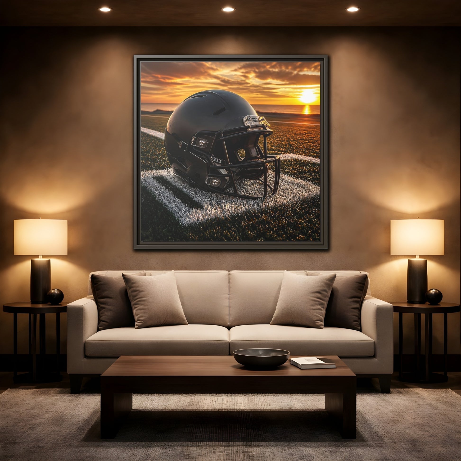 Mockup 2. Sunset Football Helmet shown as framed canvas print
