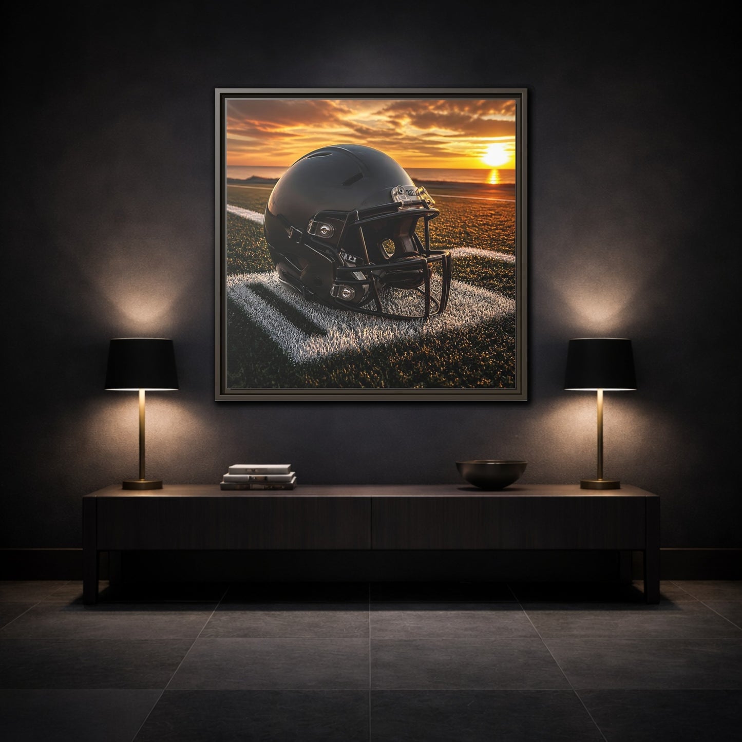 Mockup 3. Sunset Football Helmet shown as framed canvas print