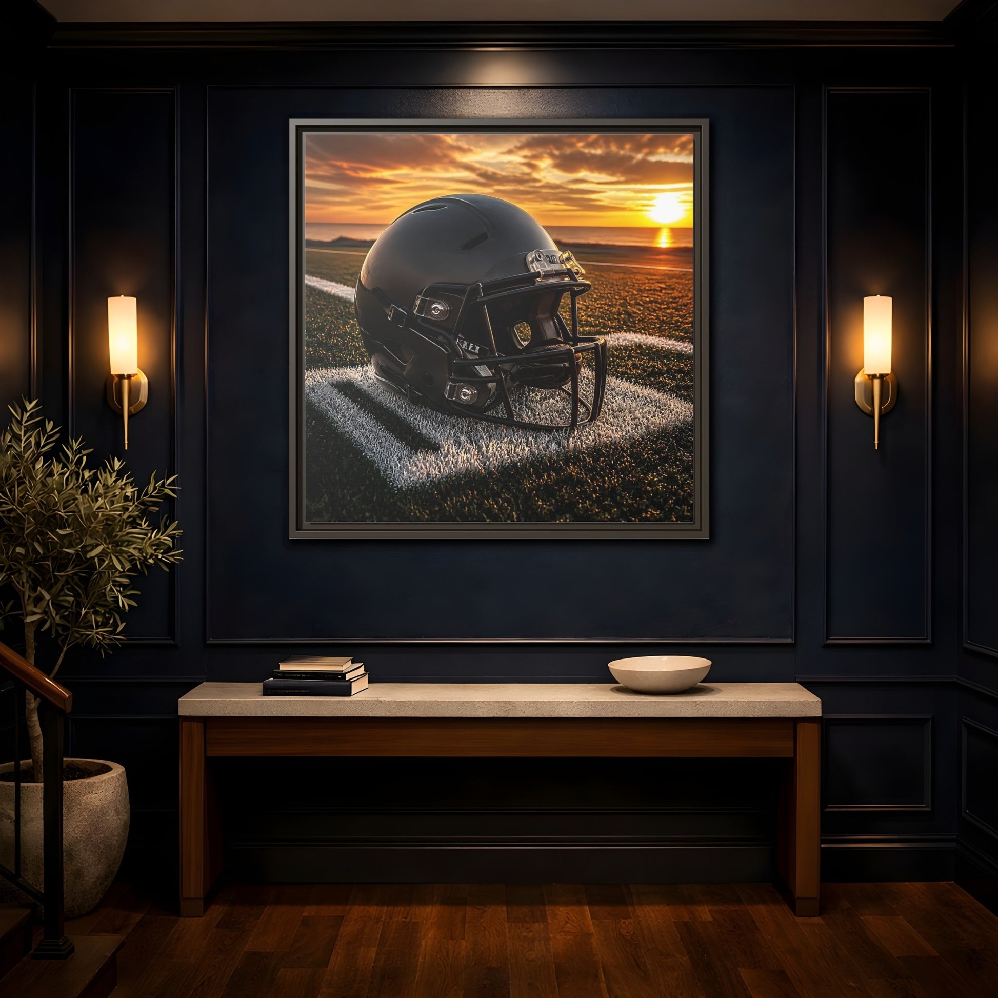 Mockup 4. Sunset Football Helmet shown as framed canvas print