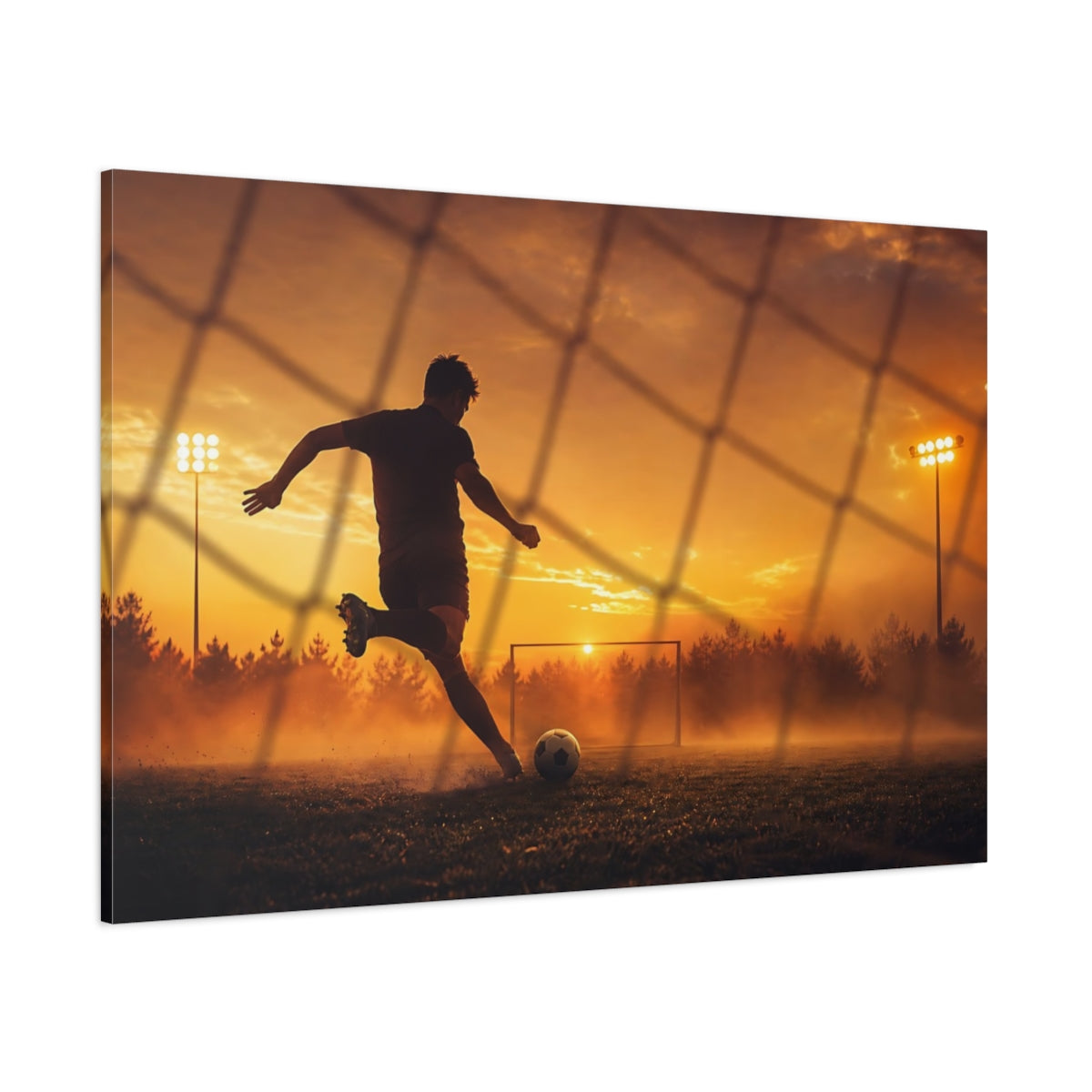 Side Mockup 1. Sunset Goal Kick shown as canvas print