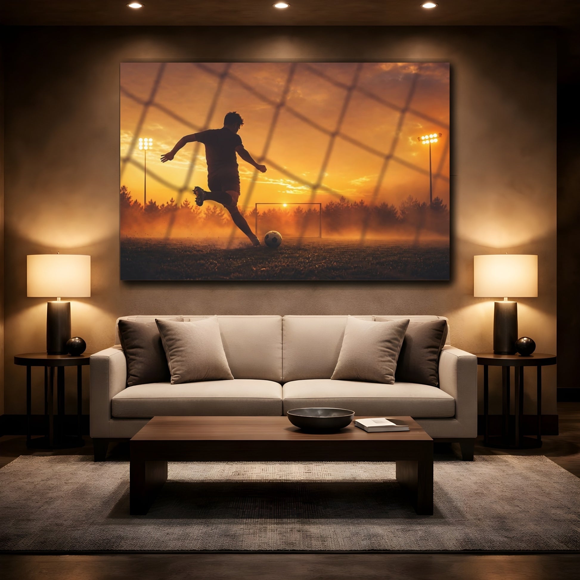 Mockup 2. Sunset Goal Kick shown as canvas print