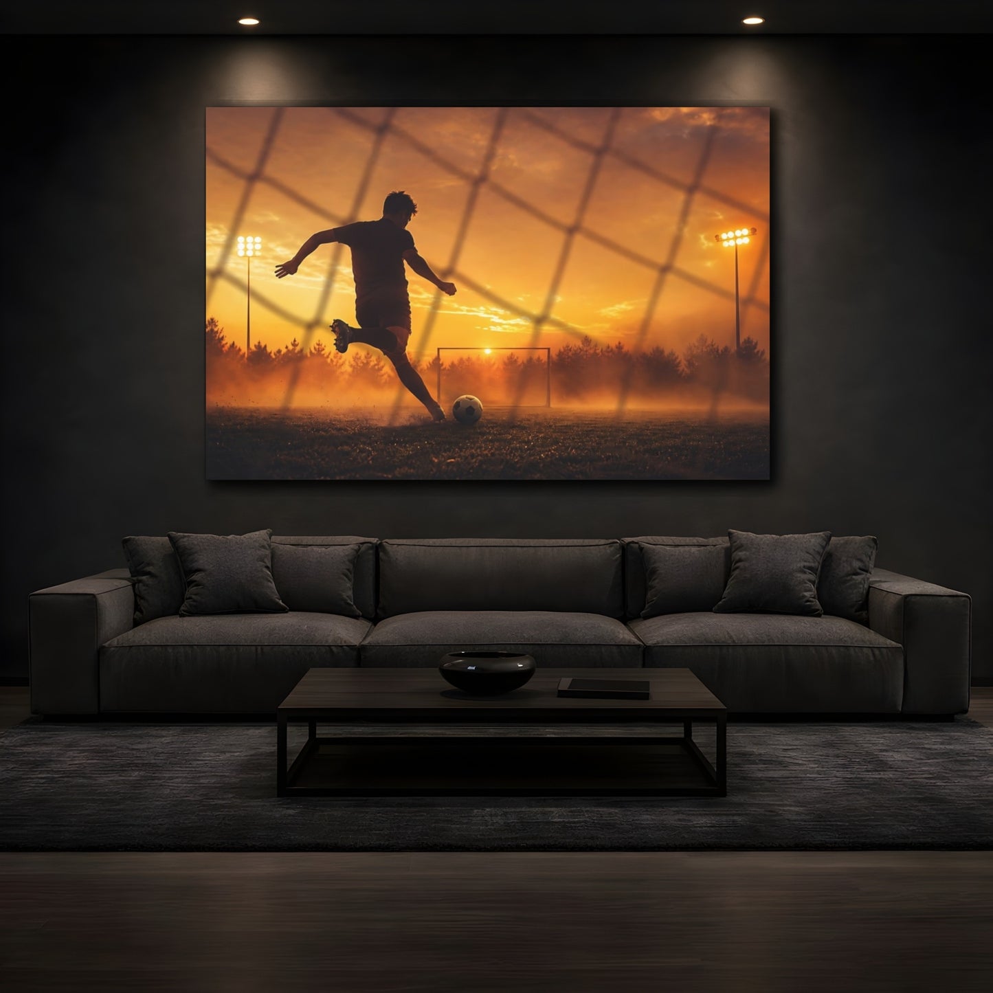 Mockup 3. Sunset Goal Kick shown as canvas print