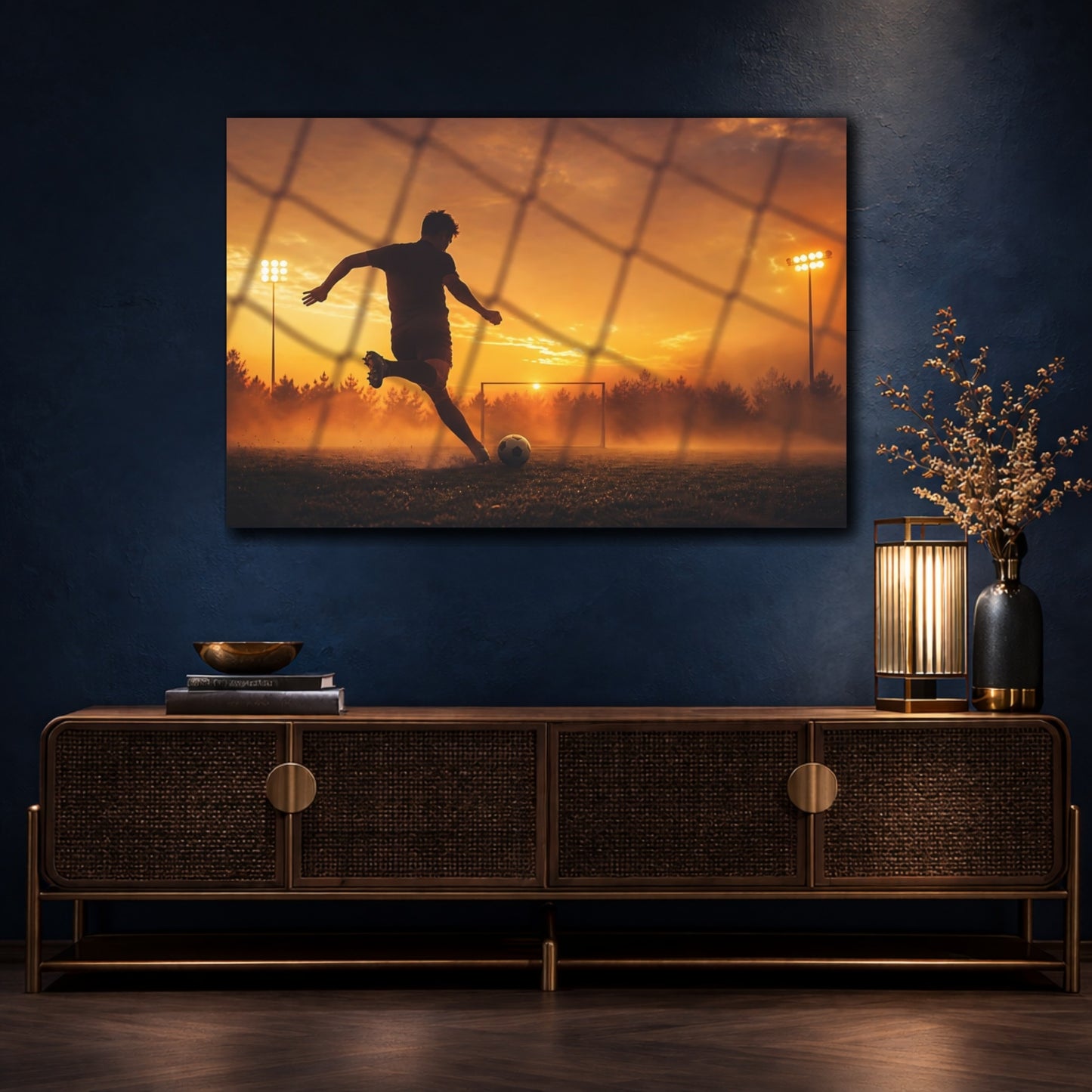 Mockup 4. Sunset Goal Kick shown as canvas print