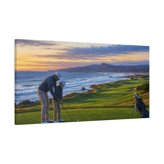 Main Mockup. Sunset Golf Lesson shown as canvas print