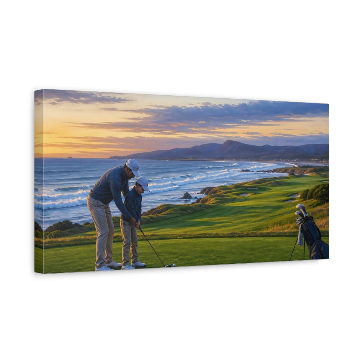 Side Mockup 3. Sunset Golf Lesson shown as canvas print