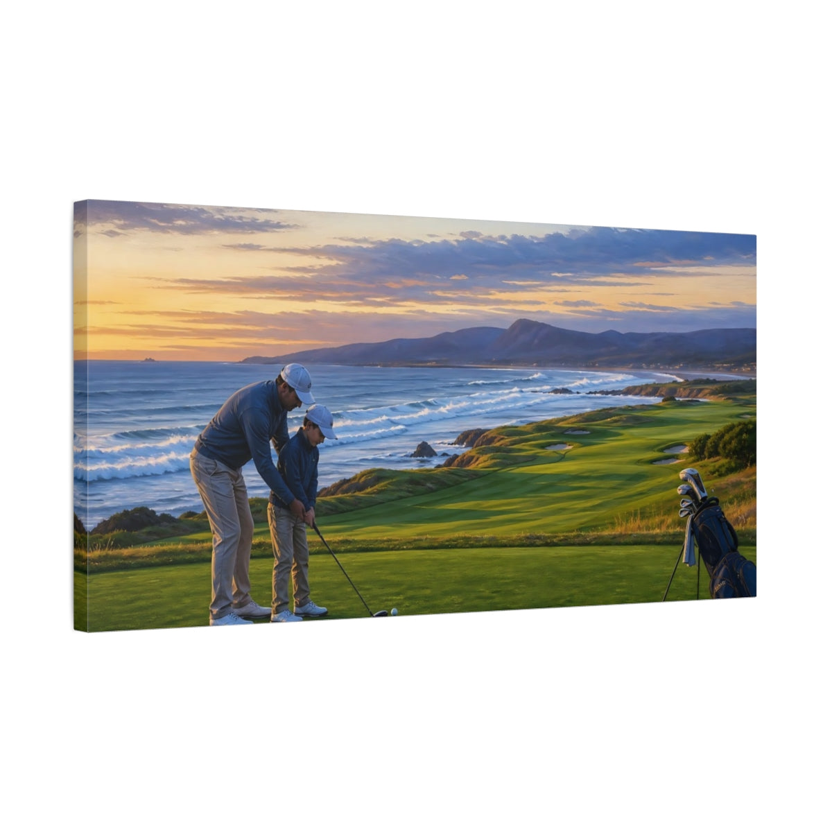 Side Mockup 1. Sunset Golf Lesson shown as canvas print