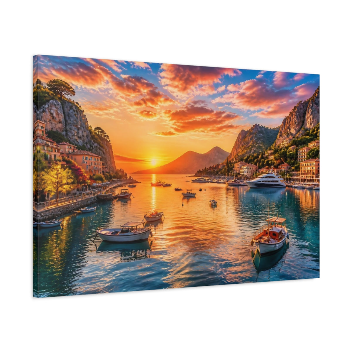 Main Mockup. Sunset Harbor At Dusk shown as canvas print