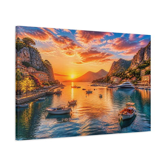 Main Mockup. Sunset Harbor At Dusk shown as canvas print