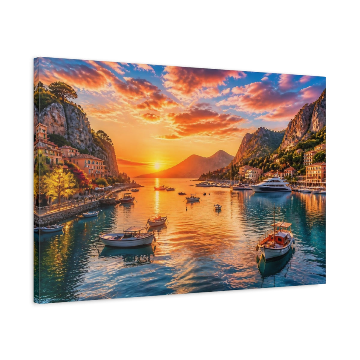 Side Mockup 2. Sunset Harbor At Dusk shown as canvas print