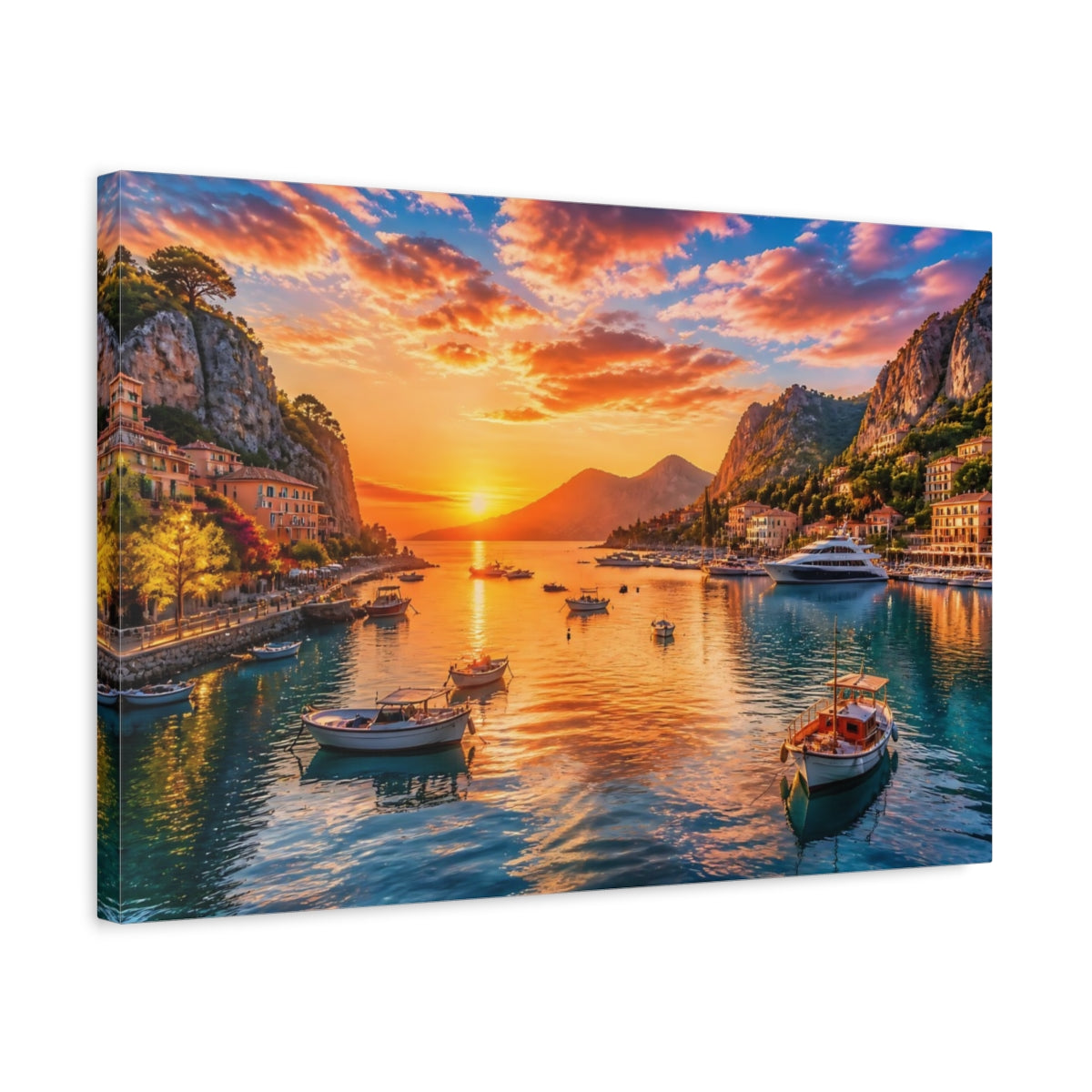 Side Mockup 3. Sunset Harbor At Dusk shown as canvas print
