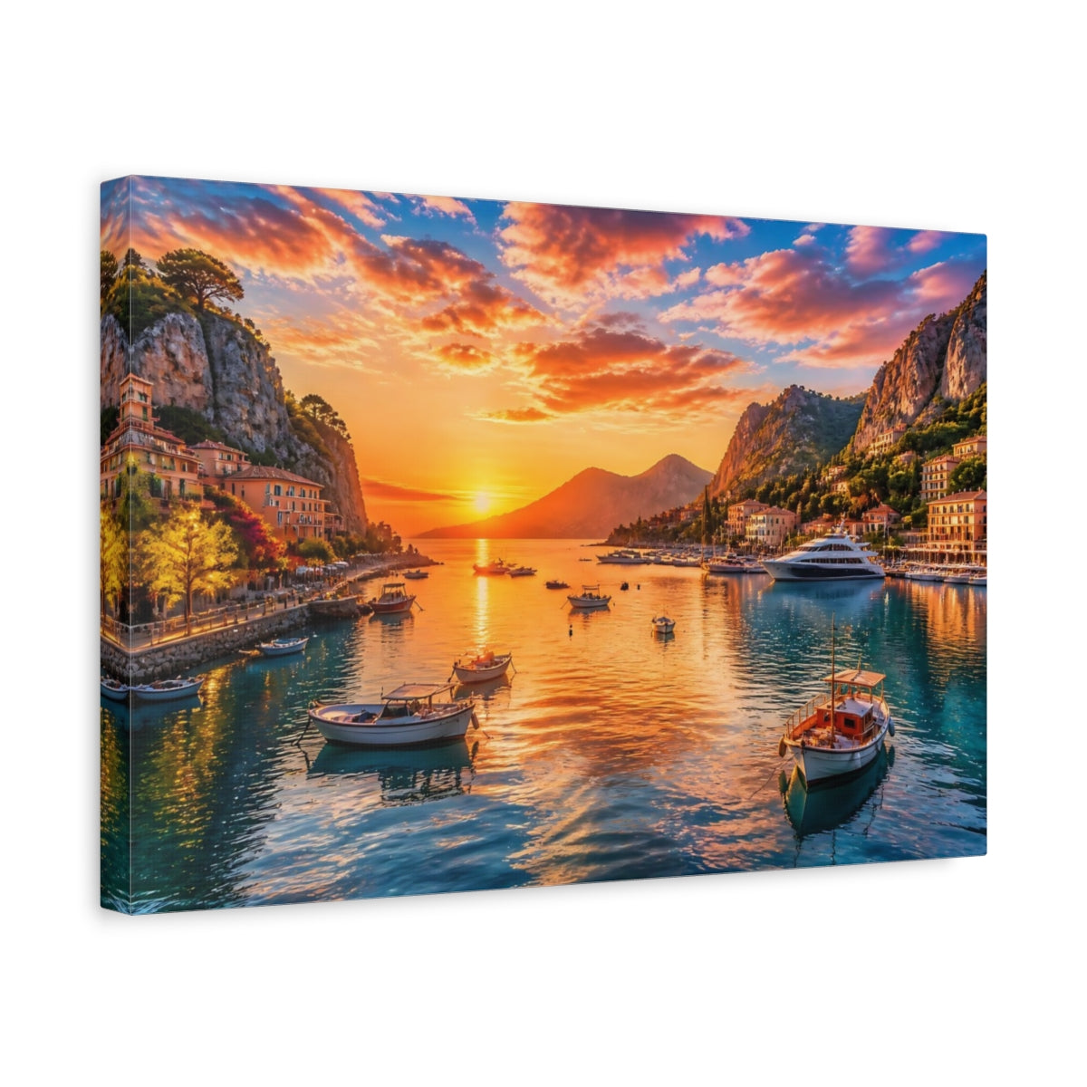 Side Mockup 4. Sunset Harbor At Dusk shown as canvas print
