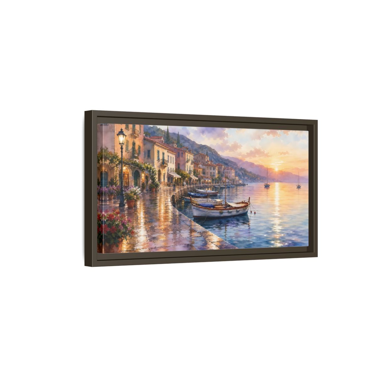 Side Mockup 7. Sunset Harbor Promenade shown as framed canvas print