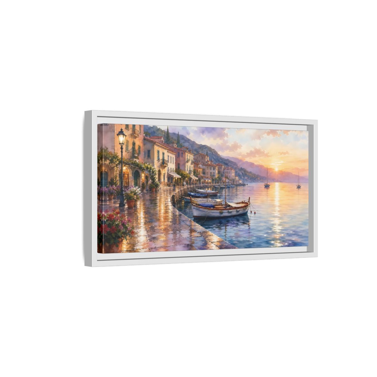 Side Mockup 6. Sunset Harbor Promenade shown as framed canvas print