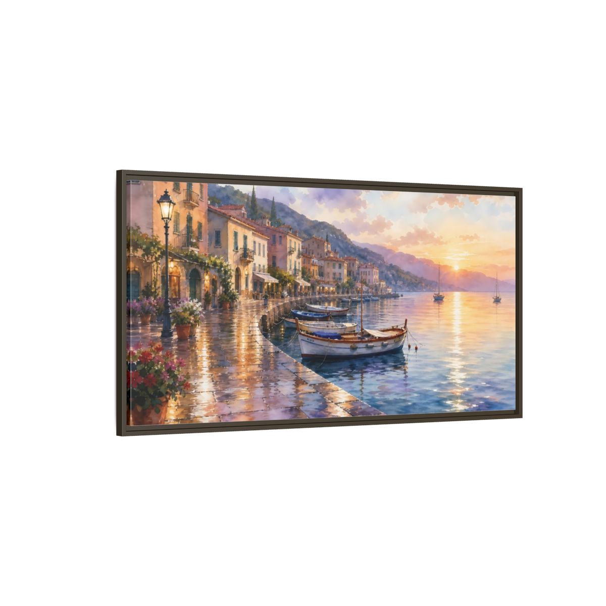 Side Mockup 4. Sunset Harbor Promenade shown as framed canvas print
