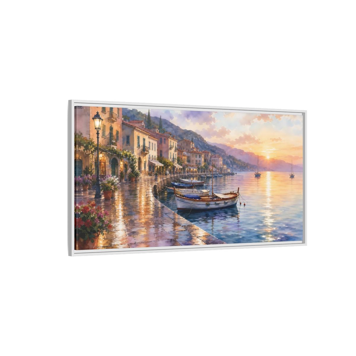 Side Mockup 3. Sunset Harbor Promenade shown as framed canvas print