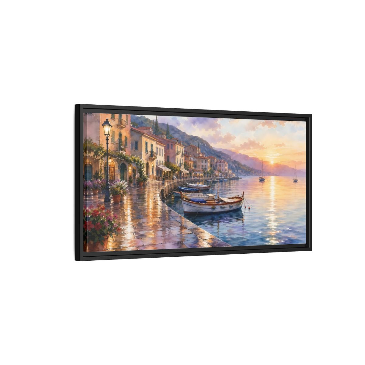 Side Mockup 2. Sunset Harbor Promenade shown as framed canvas print