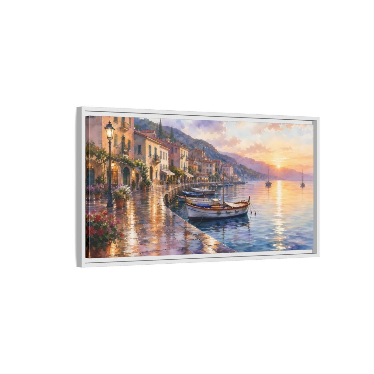 Side Mockup 1. Sunset Harbor Promenade shown as framed canvas print