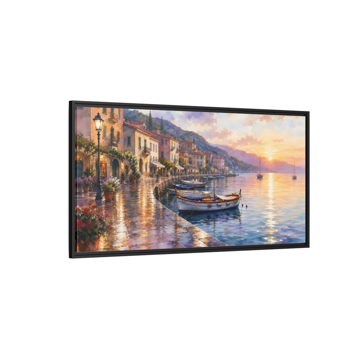 Side Mockup 5. Sunset Harbor Promenade shown as framed canvas print
