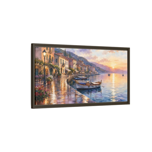 Main Mockup. Sunset Harbor Promenade shown as framed canvas print