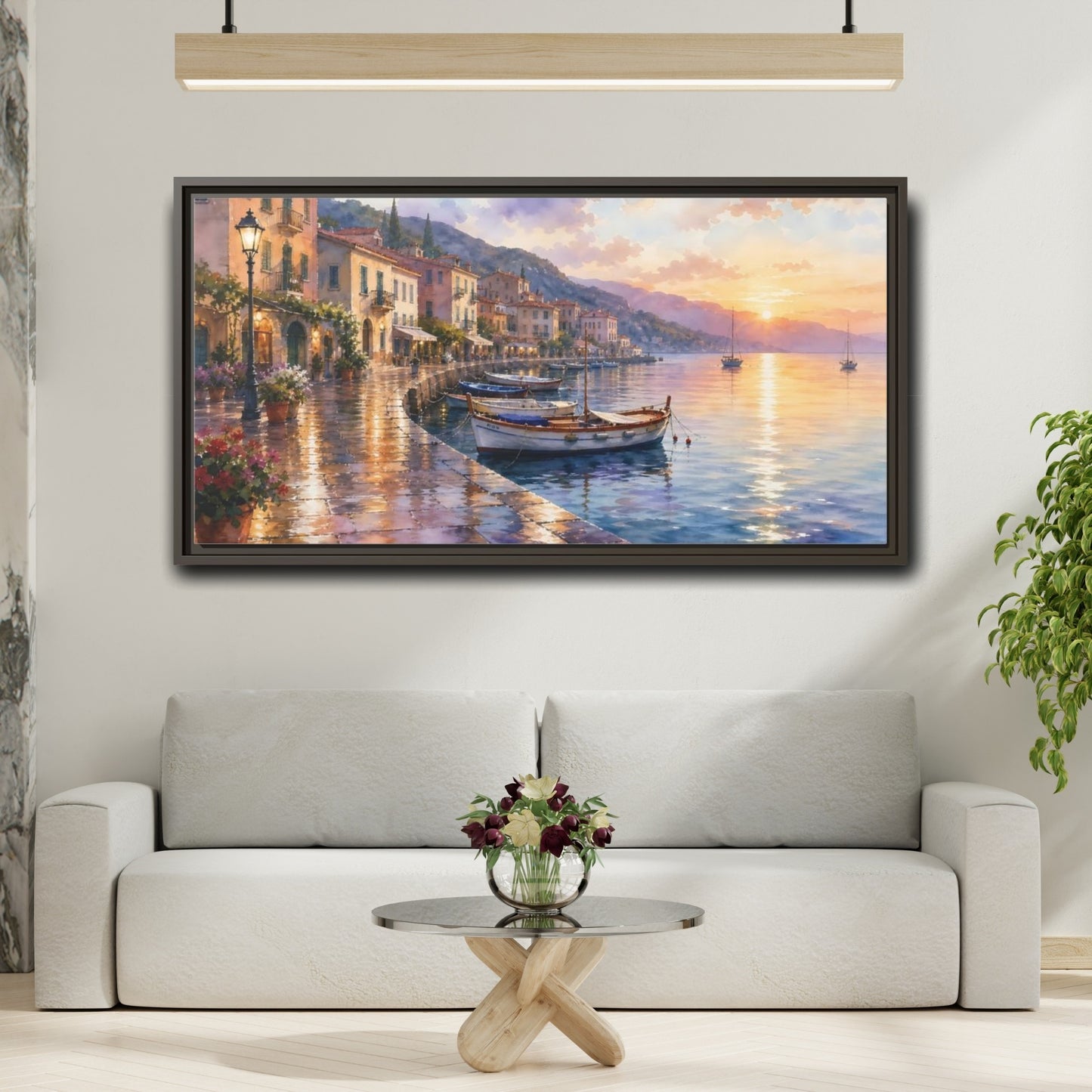 Mockup 2. Sunset Harbor Promenade shown as framed canvas print