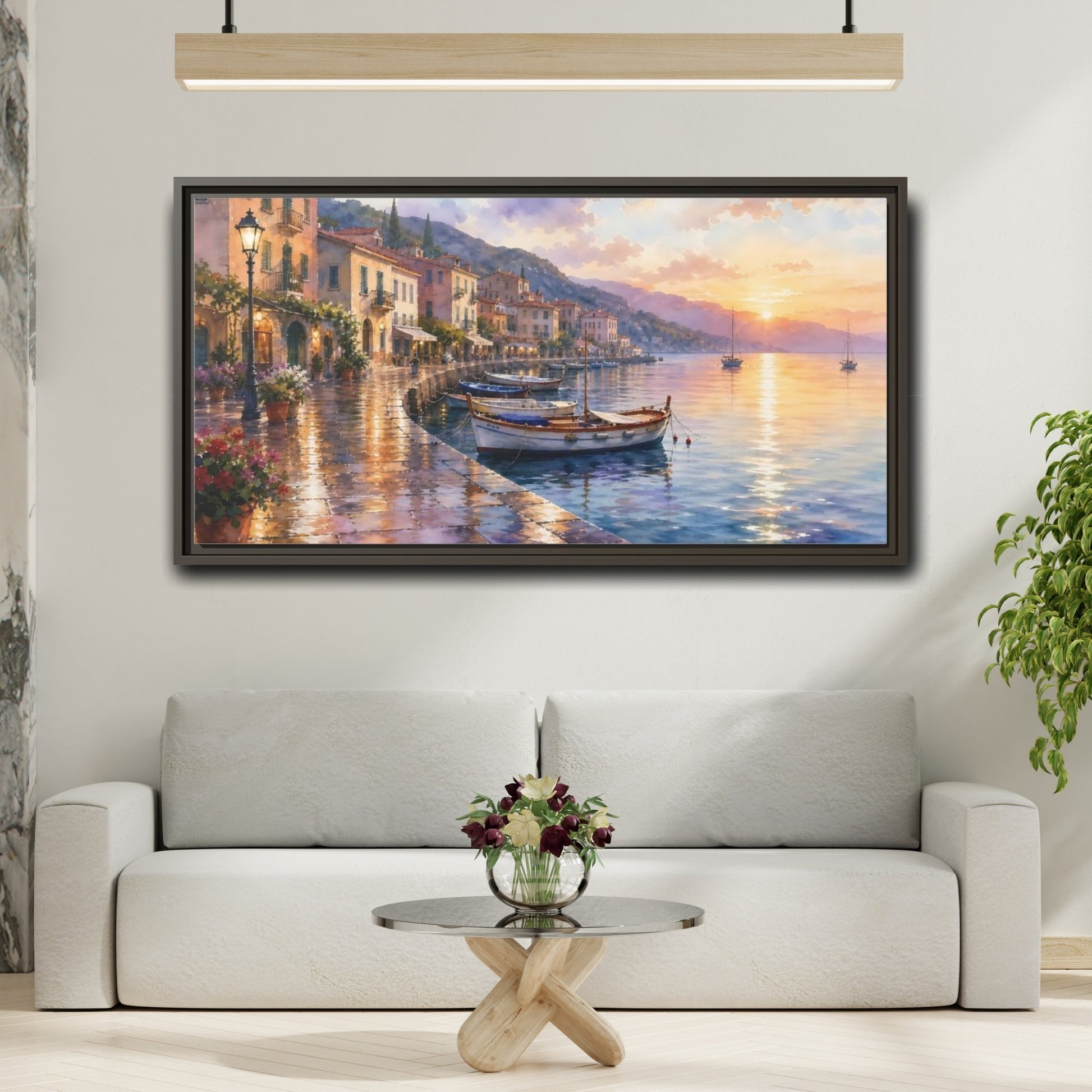 Mockup 2. Sunset Harbor Promenade shown as framed canvas print