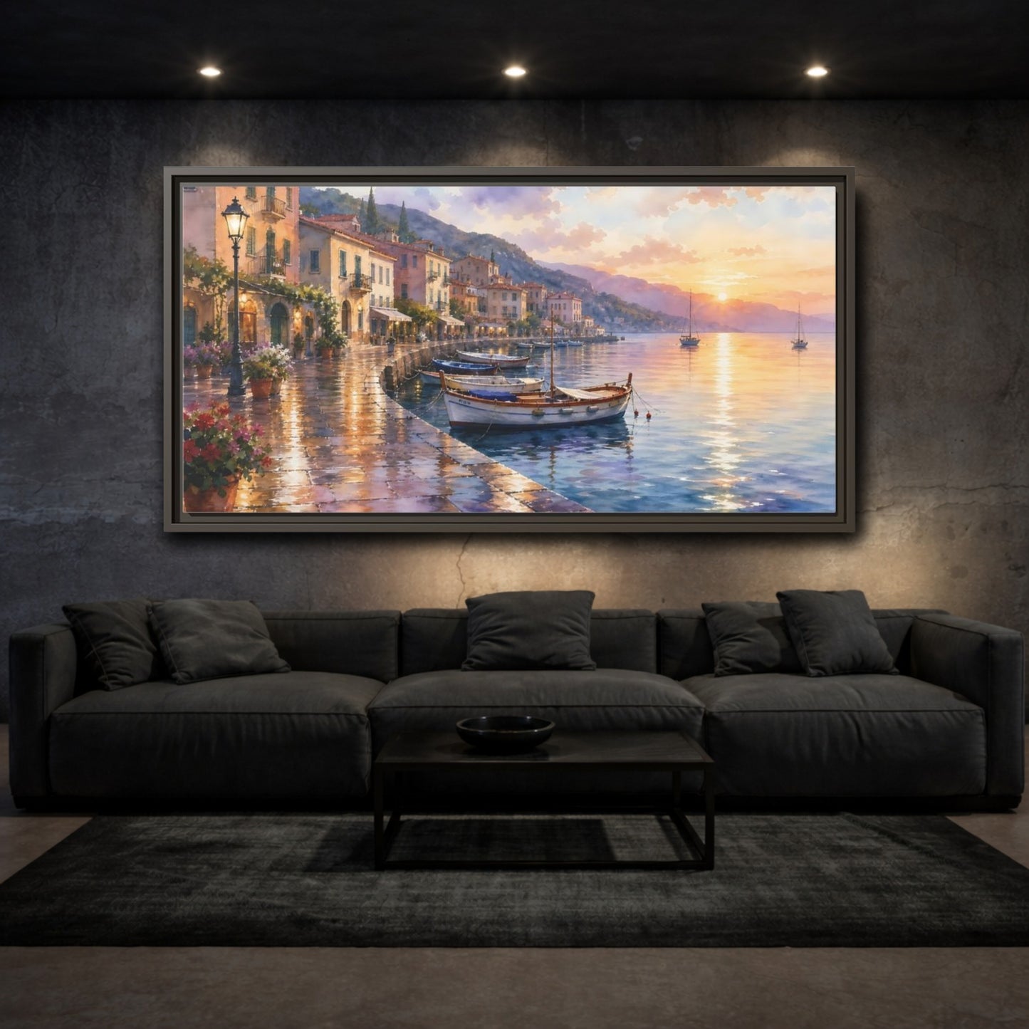 Mockup 3. Sunset Harbor Promenade shown as framed canvas print