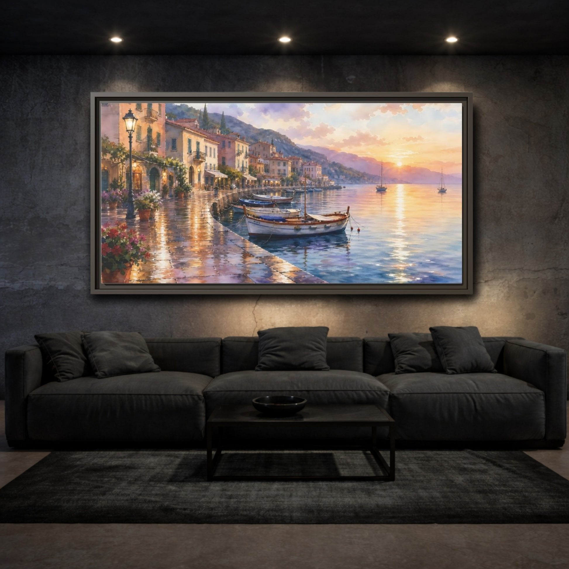 Mockup 3. Sunset Harbor Promenade shown as framed canvas print